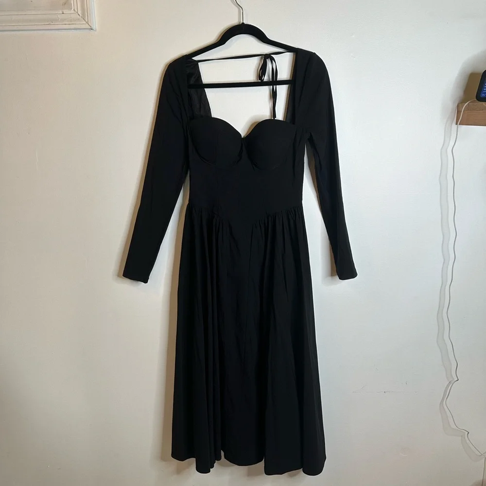 Sweetheart Neckline Elegant Black Long-Sleeve a-line Dress sz small - Picture 1 of 9